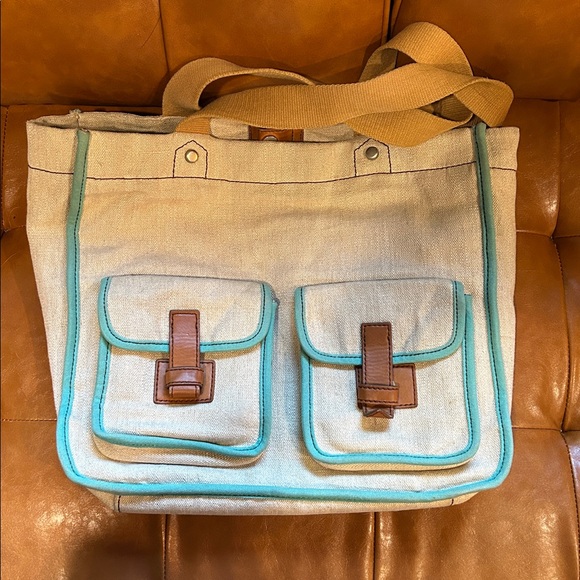 Fossil Teal Patterned Canvas Tote Bag - Picture 1 of 12